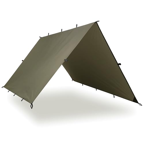 AquaQuest Defender Camping Tarp - Heavy Duty Tent Shelter or Rain Fly - Waterproof Camping Essentials for Hiking, Bushcraft & Hammock, 10 x 10 ft, Olive Drab