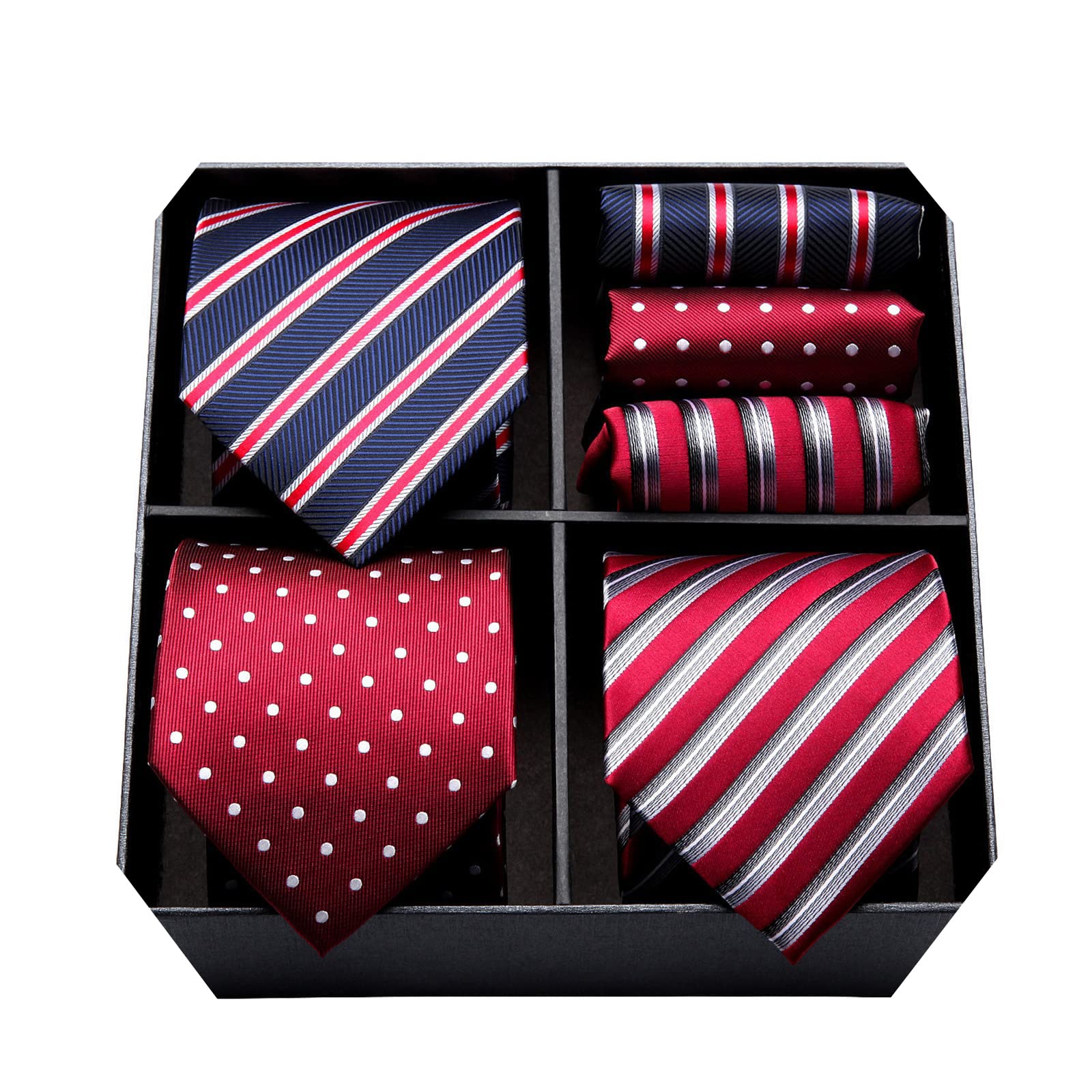 HISDERN Mens Ties Extra Long Ties for Men Big and Tall Red Striped Necktie and Pocket Square Set 63 Inch XL Silk Neckties Collection Handkerchief