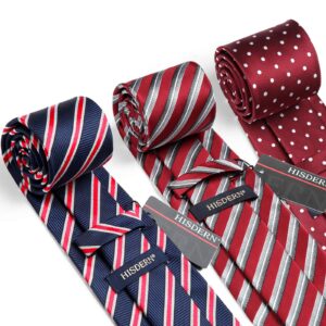 HISDERN Mens Ties Extra Long Ties for Men Big and Tall Red Striped Necktie and Pocket Square Set 63 Inch XL Silk Neckties Collection Handkerchief