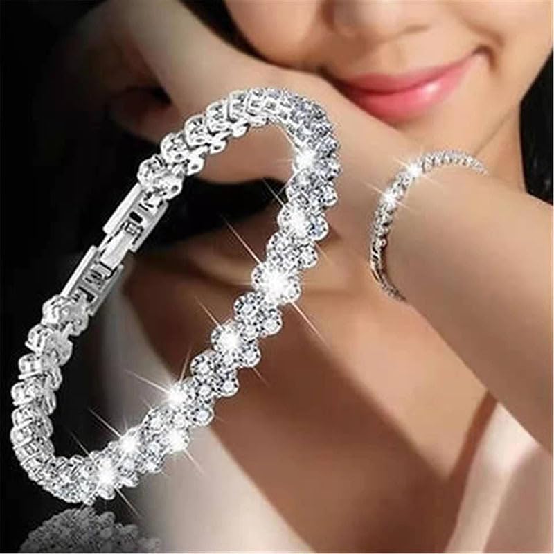 Metmejiao Rhinestone Stretch Bracelet Silver Fashion Roman Style Woman Crystal Zircon Bracelets Cubic Zirconia Classic Tennis Bracelet Gifts