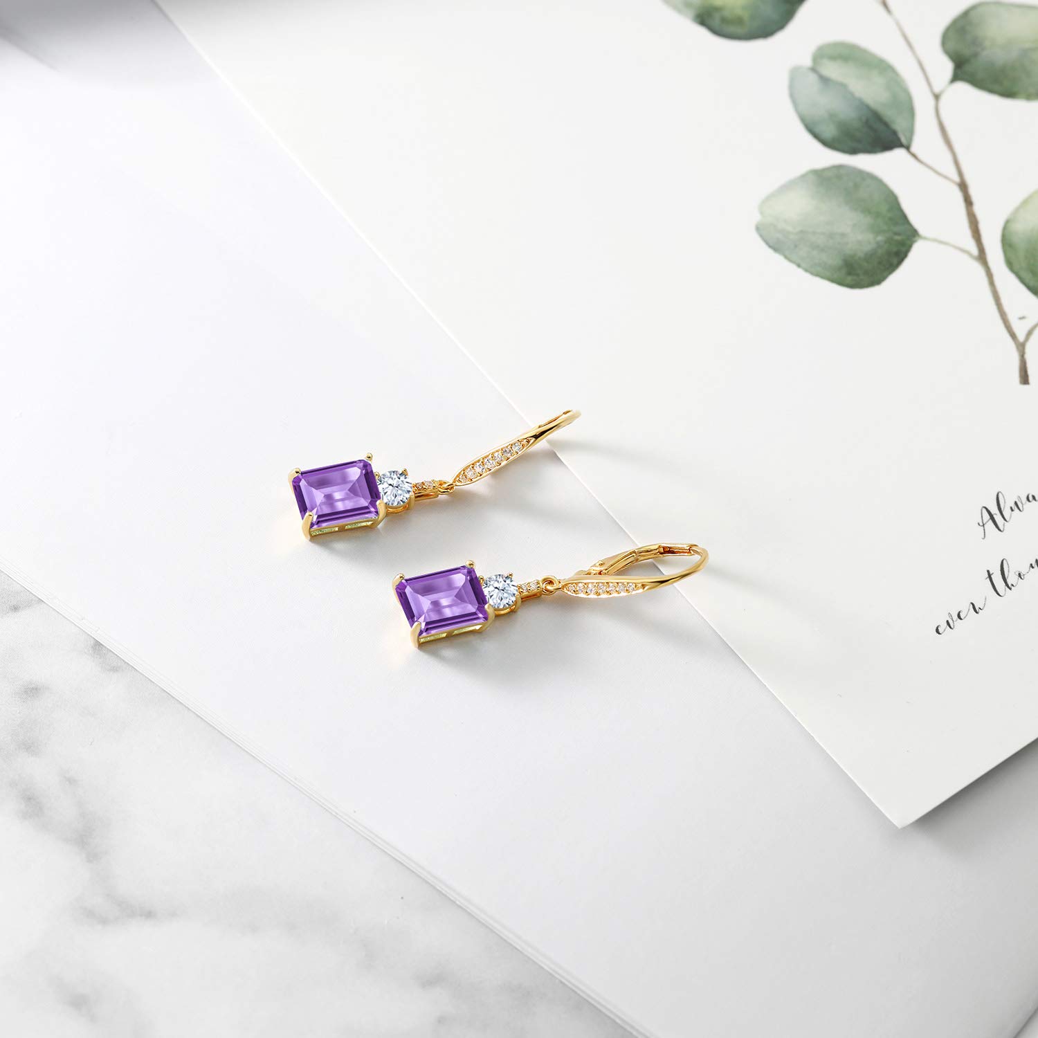 Gem Stone King 18K Yellow Gold Plated Silver Purple Amethyst Dangle Earrings For Women (5.00 Cttw, Gemstone February Birthstone, Emerald Cut 9X7MM)