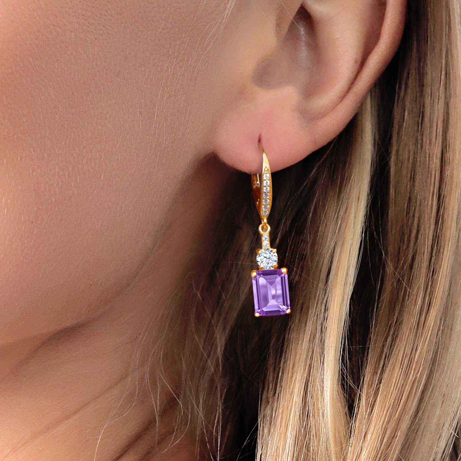 Gem Stone King 18K Yellow Gold Plated Silver Purple Amethyst Dangle Earrings For Women (5.00 Cttw, Gemstone February Birthstone, Emerald Cut 9X7MM)