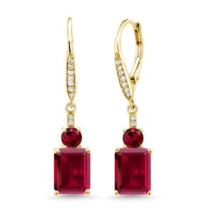 gem stone king 18k yellow gold plated silver red created ruby dangle earrings for women (6.10 cttw, gemstone july birthstone, emerald cut 9x7mm)