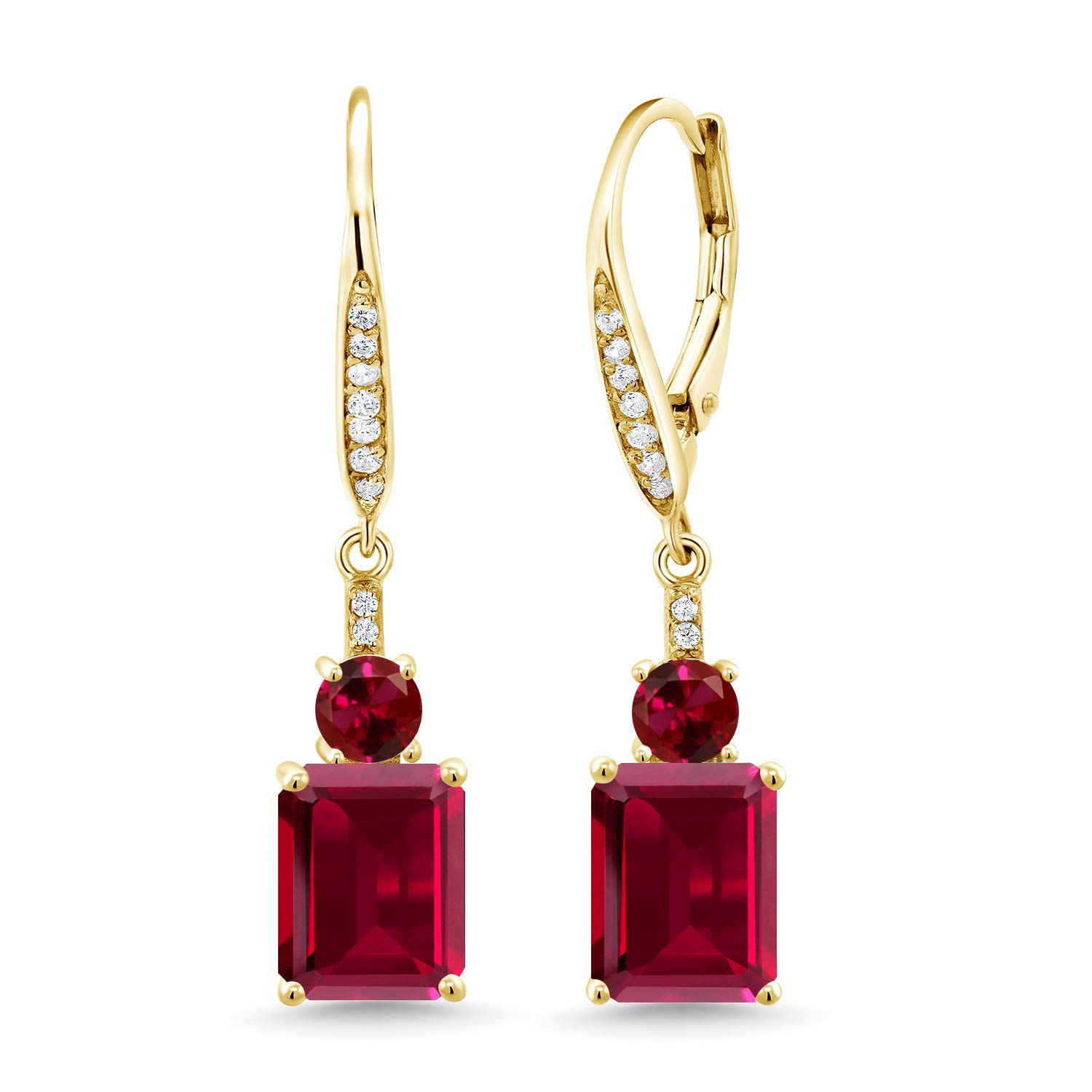 Gem Stone King 18K Yellow Gold Plated Silver Red Created Ruby Dangle Earrings For Women (6.10 Cttw, Gemstone July Birthstone, Emerald Cut 9X7MM)