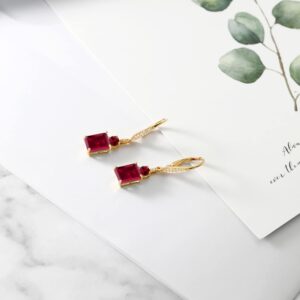 Gem Stone King 18K Yellow Gold Plated Silver Red Created Ruby Dangle Earrings For Women (6.10 Cttw, Gemstone July Birthstone, Emerald Cut 9X7MM)