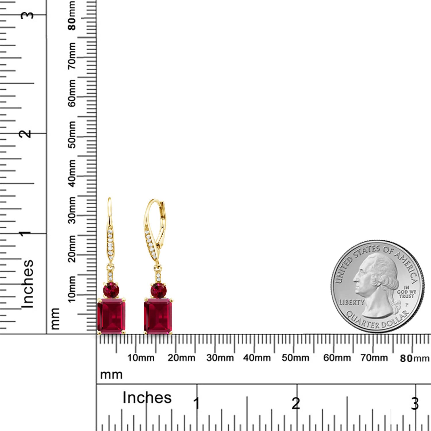 Gem Stone King 18K Yellow Gold Plated Silver Red Created Ruby Dangle Earrings For Women (6.10 Cttw, Gemstone July Birthstone, Emerald Cut 9X7MM)