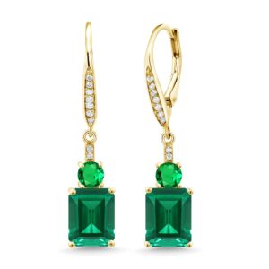 Gem Stone King 18K Yellow Gold Plated Silver Green Nano Emerald Dangle Earrings For Women (4.60 Cttw, Gemstone May Birthstone, Emerald Cut 9X7MM)