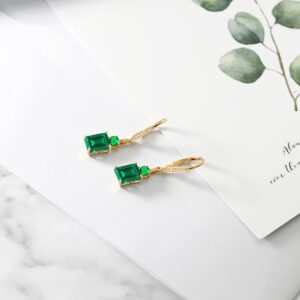 Gem Stone King 18K Yellow Gold Plated Silver Green Nano Emerald Dangle Earrings For Women (4.60 Cttw, Gemstone May Birthstone, Emerald Cut 9X7MM)