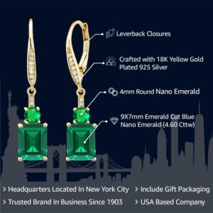 Gem Stone King 18K Yellow Gold Plated Silver Green Nano Emerald Dangle Earrings For Women (4.60 Cttw, Gemstone May Birthstone, Emerald Cut 9X7MM)