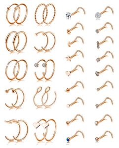 tornito 20g 38pcs stainless steel nose screw studs rings cz hoop tragus cartilage nose ring labret nose piercing jewelry for men women (a02:38pcs, rose gold tone)