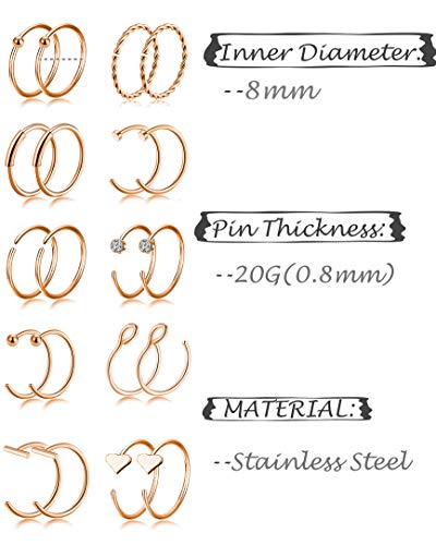 Tornito 20G 38Pcs Stainless Steel Nose Screw Studs Rings CZ Hoop Tragus Cartilage Nose Ring Labret Nose Piercing Jewelry for Men Women (A02:38Pcs, Rose Gold Tone)