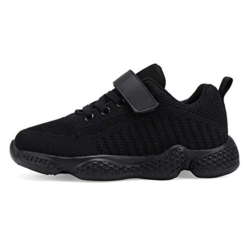 Casbeam Kids Breathable Sneakers Mesh Lightweight Easy Walk Casual Sport Strap Athletic Running Shoes for Boys Girls 050 All Black 34