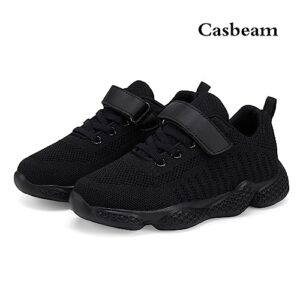 Casbeam Kids Breathable Sneakers Mesh Lightweight Easy Walk Casual Sport Strap Athletic Running Shoes for Boys Girls 050 All Black 34