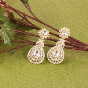 Touchstone Indian Bollywood Beautifully Hand Finished Victorian Studded Look White Rhinestone Designer Jewelry Chandelier Earrings In Gold Tone For Women.