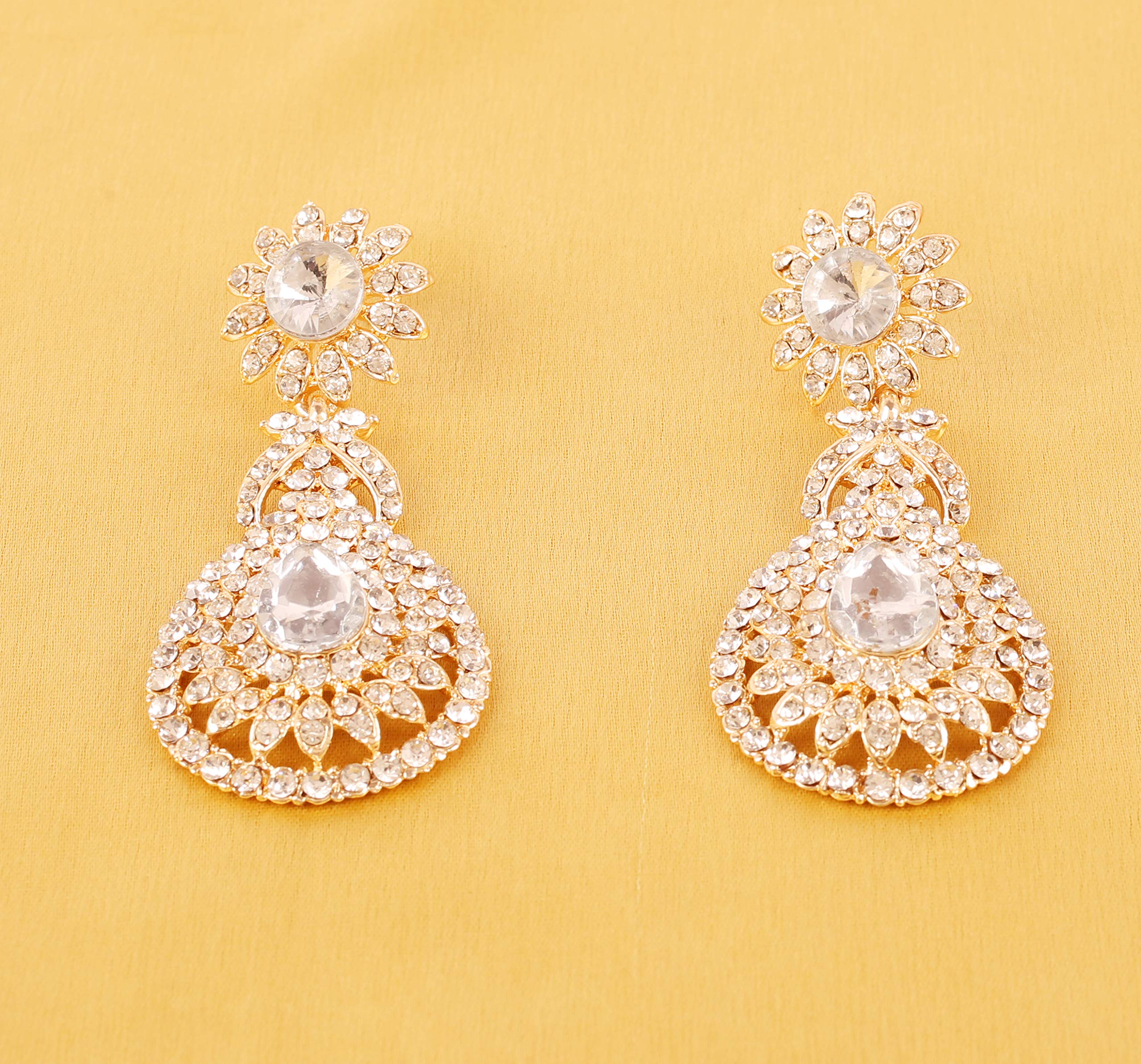 Touchstone Indian Bollywood Beautifully Hand Finished Victorian Studded Look White Rhinestone Designer Jewelry Chandelier Earrings In Gold Tone For Women.