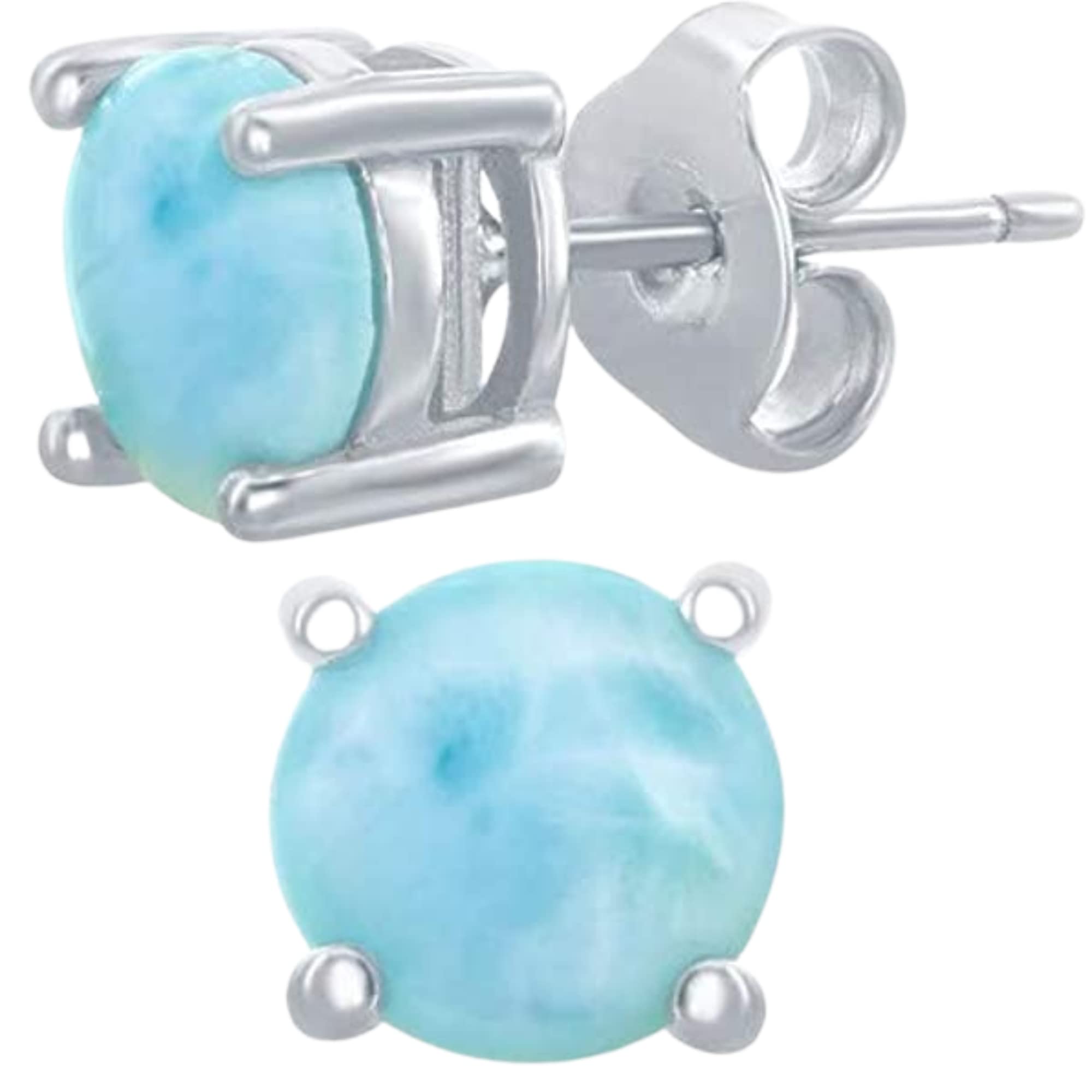 Beaux Bijoux Sterling Silver Larimar Blue Earrings for Women - Natural Larimar Jewelry - Beautiful Blue Larimar Stones - Round Hypoallergenic Stud Earrings - Unique Larimar Earrings