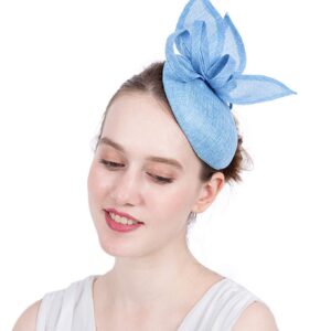 ORIDOOR Sinamay Flower Feathers Pillbox FascinatorHat Derby Headband forWeddingTea PartyChurchHat for Cocktail (D1 Light Blue) …