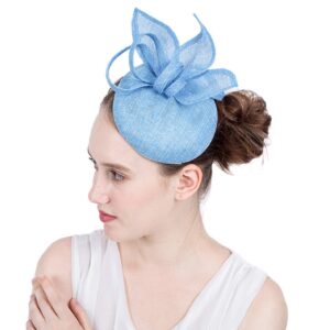 ORIDOOR Sinamay Flower Feathers Pillbox FascinatorHat Derby Headband forWeddingTea PartyChurchHat for Cocktail (D1 Light Blue) …