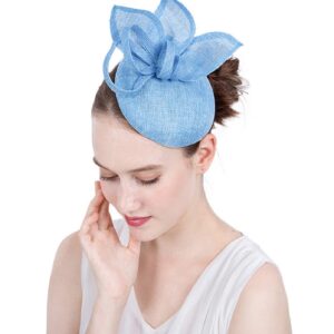 ORIDOOR Sinamay Flower Feathers Pillbox FascinatorHat Derby Headband forWeddingTea PartyChurchHat for Cocktail (D1 Light Blue) …