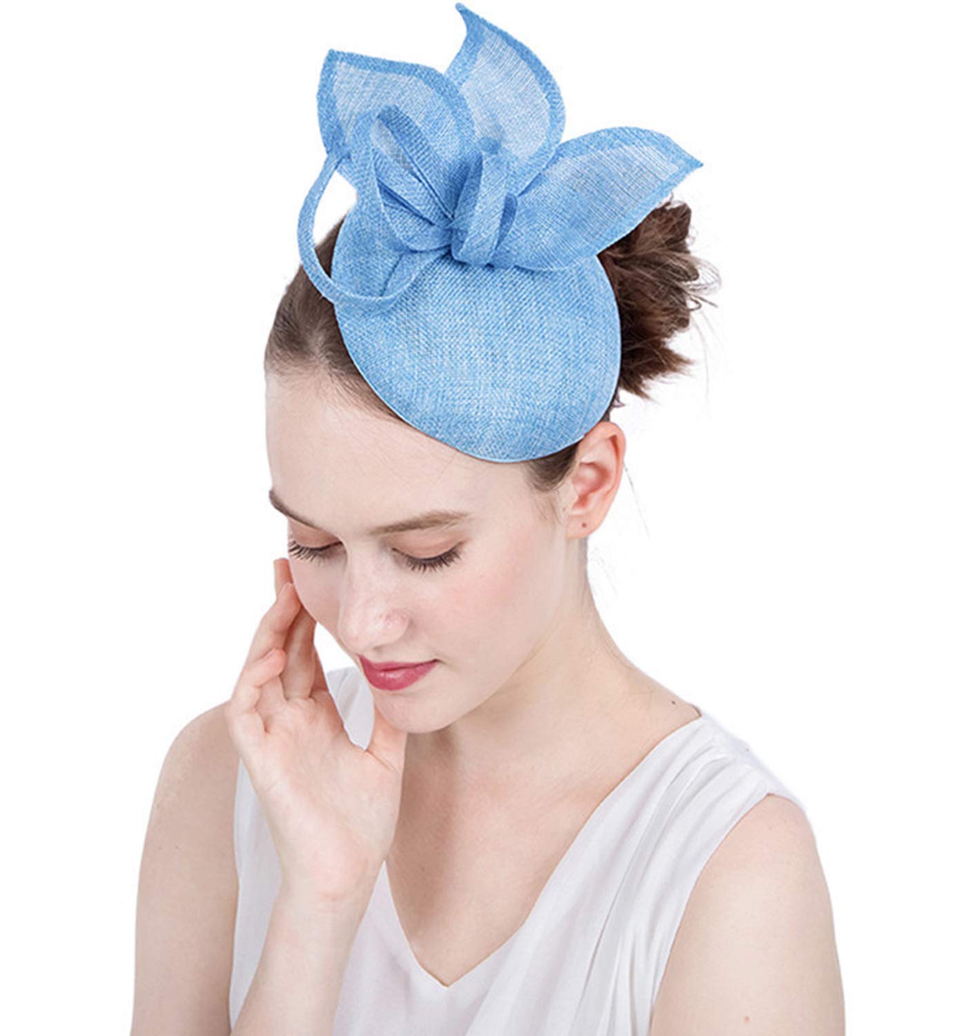 ORIDOOR Sinamay Flower Feathers Pillbox FascinatorHat Derby Headband forWeddingTea PartyChurchHat for Cocktail (D1 Light Blue) …