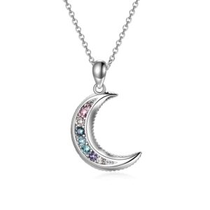 Sterling Silver Crescent Moon Pendant Necklace for Women, Multicolor Crystals from Swarovski, Anniversary Birthday Moon Jewelry Gifts for Lovely Ladies