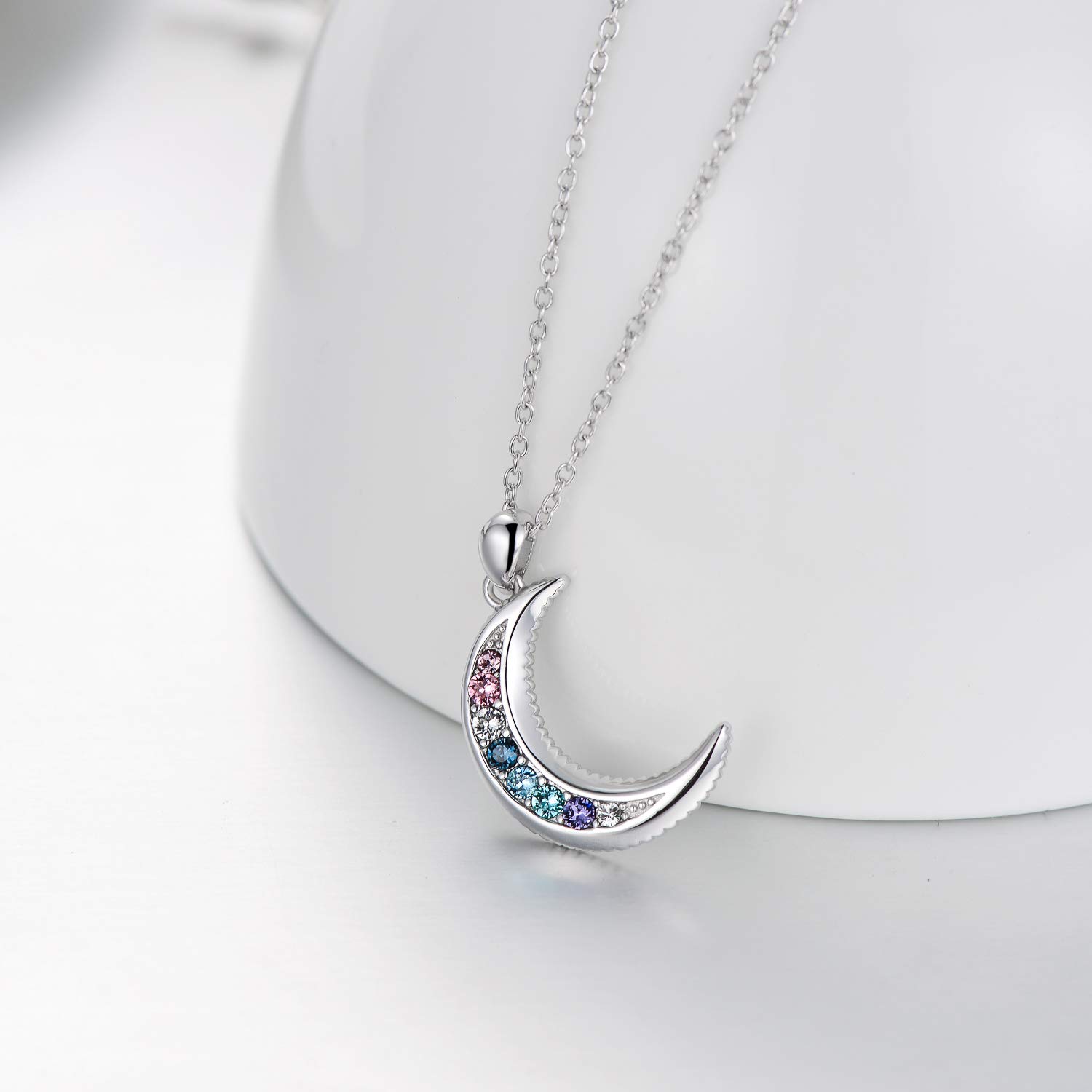 Sterling Silver Crescent Moon Pendant Necklace for Women, Multicolor Crystals from Swarovski, Anniversary Birthday Moon Jewelry Gifts for Lovely Ladies