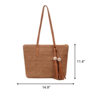 QTKJ Women Summer Straw Beach Bag Handwoven Big Tote Leather Shoulder Bag Handbag with Beaded Tassel Decorate (Brown)