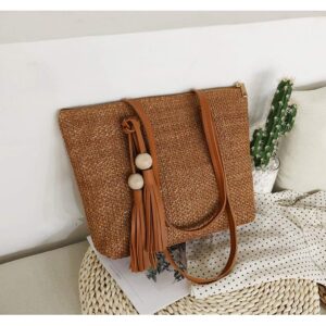 QTKJ Women Summer Straw Beach Bag Handwoven Big Tote Leather Shoulder Bag Handbag with Beaded Tassel Decorate (Brown)