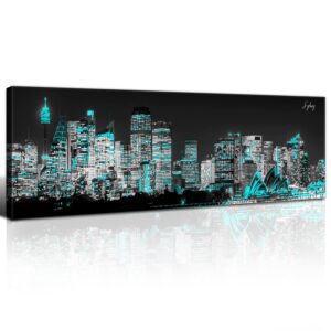 sydney cityscape skyline wall art teal australia city wall decor aqua green opera house canvas painting black and white architecture prints pictures artwork living room bedroom home decorations 14x48”