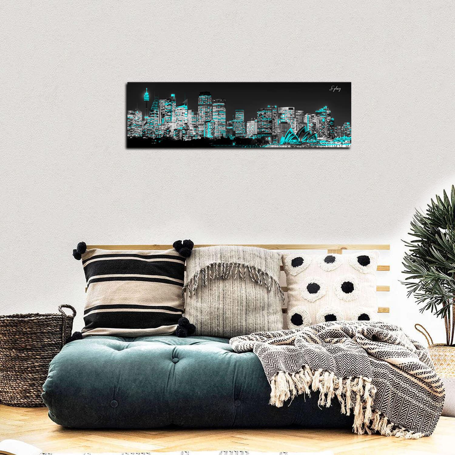 Sydney Cityscape Skyline Wall Art Teal Australia City Wall Decor Aqua Green Opera House Canvas Painting Black and White Architecture Prints Pictures Artwork Living Room Bedroom Home Decorations 14x48”