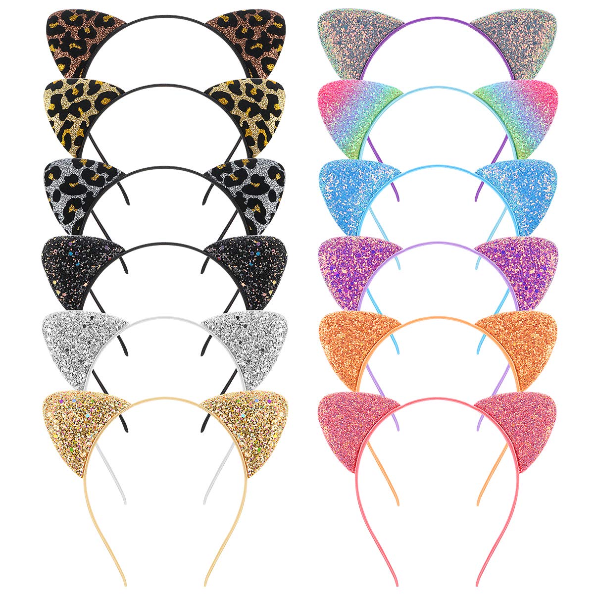 FRCOLOR Cat Ears Headband, Glitter Sequin Ear Headbands Metal Hair Hoops for Daily Party, 12Pack