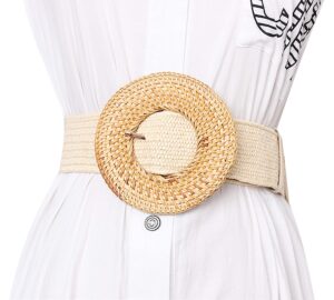 women's woven straw wide belt bohemia beach big buckle casual elastic waistband (white)