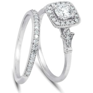 3/4 CT Diamond Cushion Halo Engagement Ring Matching Wedding Band 14k White Gold - Size 4