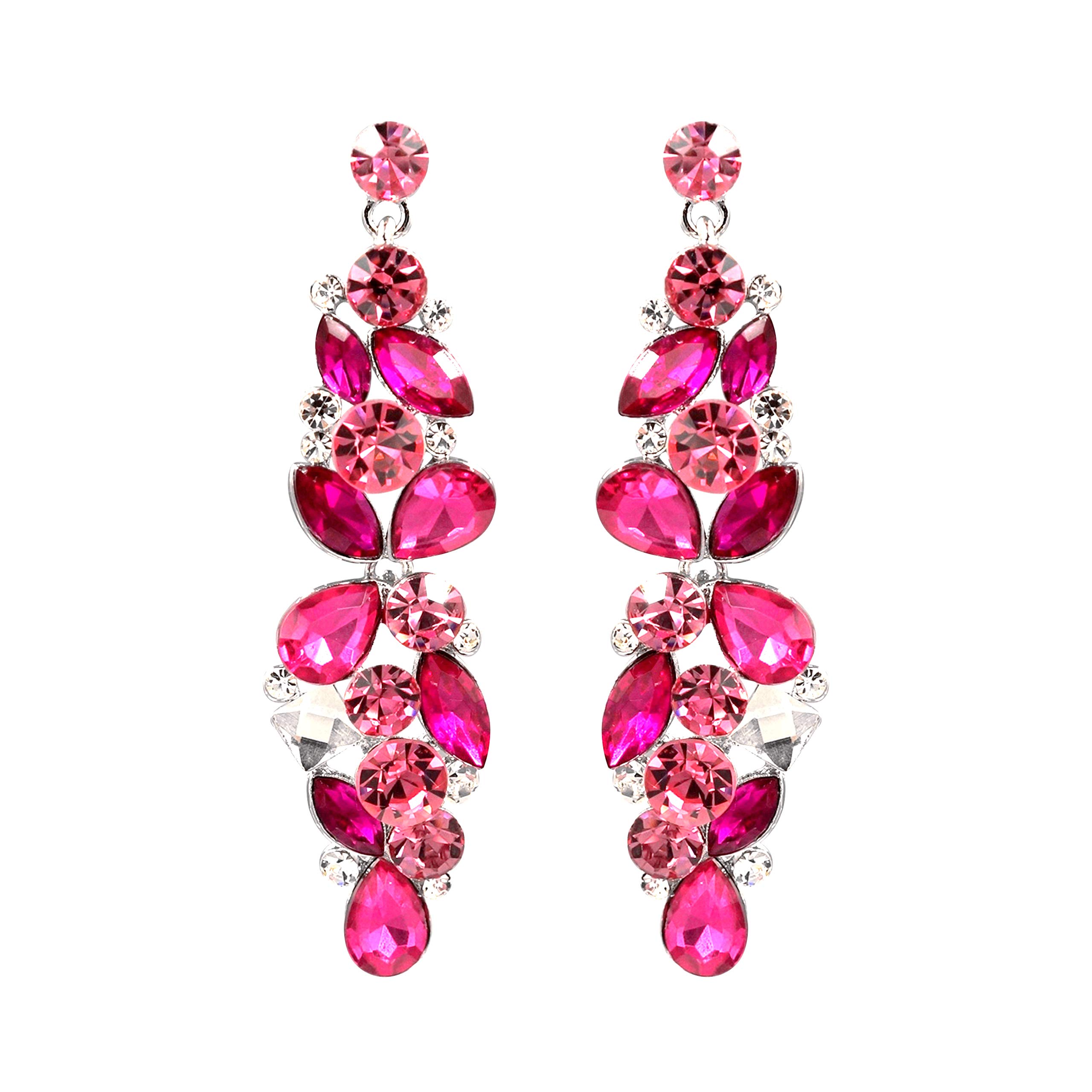 Womens Jewelry Fuchsia Pink Crystal Rhinestone Bridal Drop Dangle Earrings Sparkling Cluster style in Silver Tone for Wedding prom Party Birthday Gift