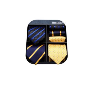 HISDERN Mens Ties Set Extra Long Ties and Pocket Square Set Navy Blue Yellow Necktie Handkerchief 63 Inch XL Silk Neckties Collection 3 Pack Wedding