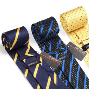 HISDERN Mens Ties Set Extra Long Ties and Pocket Square Set Navy Blue Yellow Necktie Handkerchief 63 Inch XL Silk Neckties Collection 3 Pack Wedding