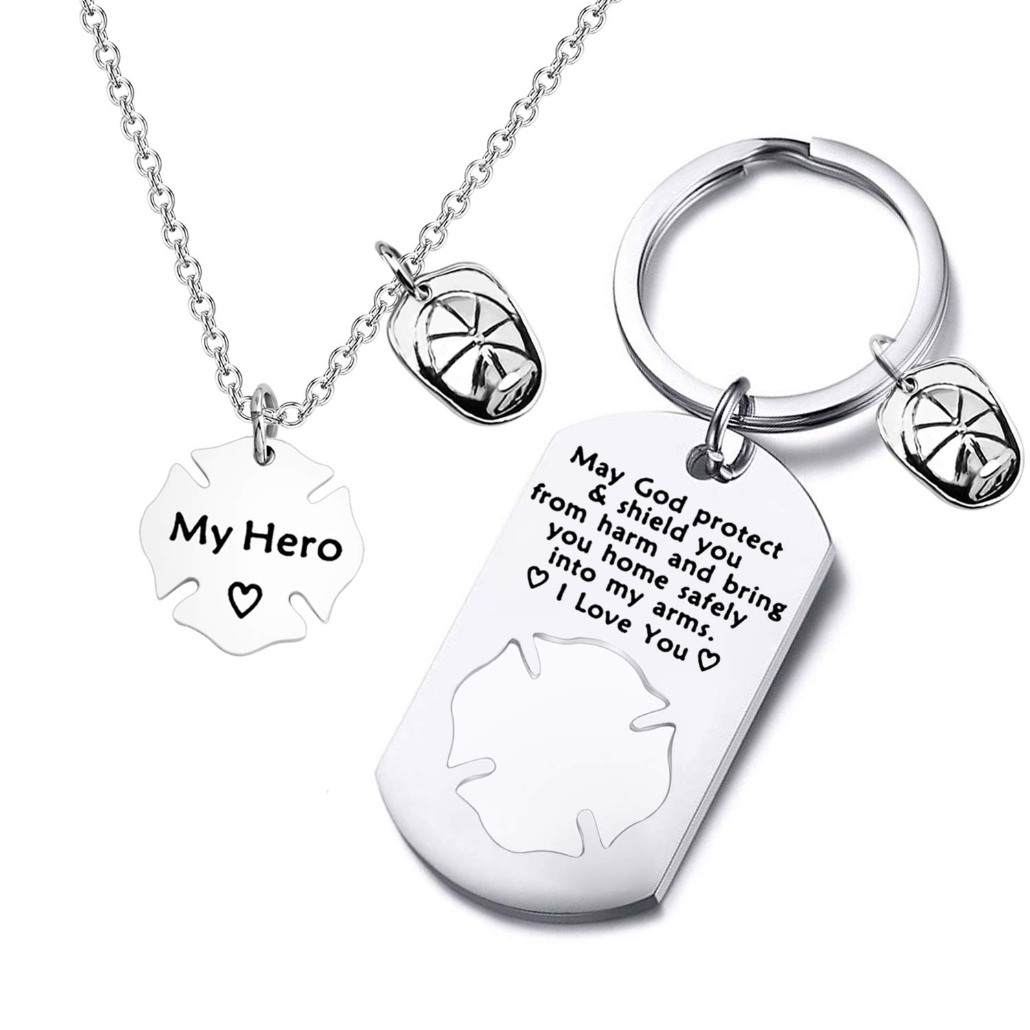 FUSTMW Firefighter Gift Keychain Necklace Matching Set Fireman Jewelry Gift for Firefighter Wife, Girlfriend, Mom, Daughter May God Protect You from Harm (silver)