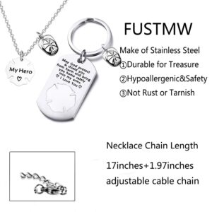 FUSTMW Firefighter Gift Keychain Necklace Matching Set Fireman Jewelry Gift for Firefighter Wife, Girlfriend, Mom, Daughter May God Protect You from Harm (silver)