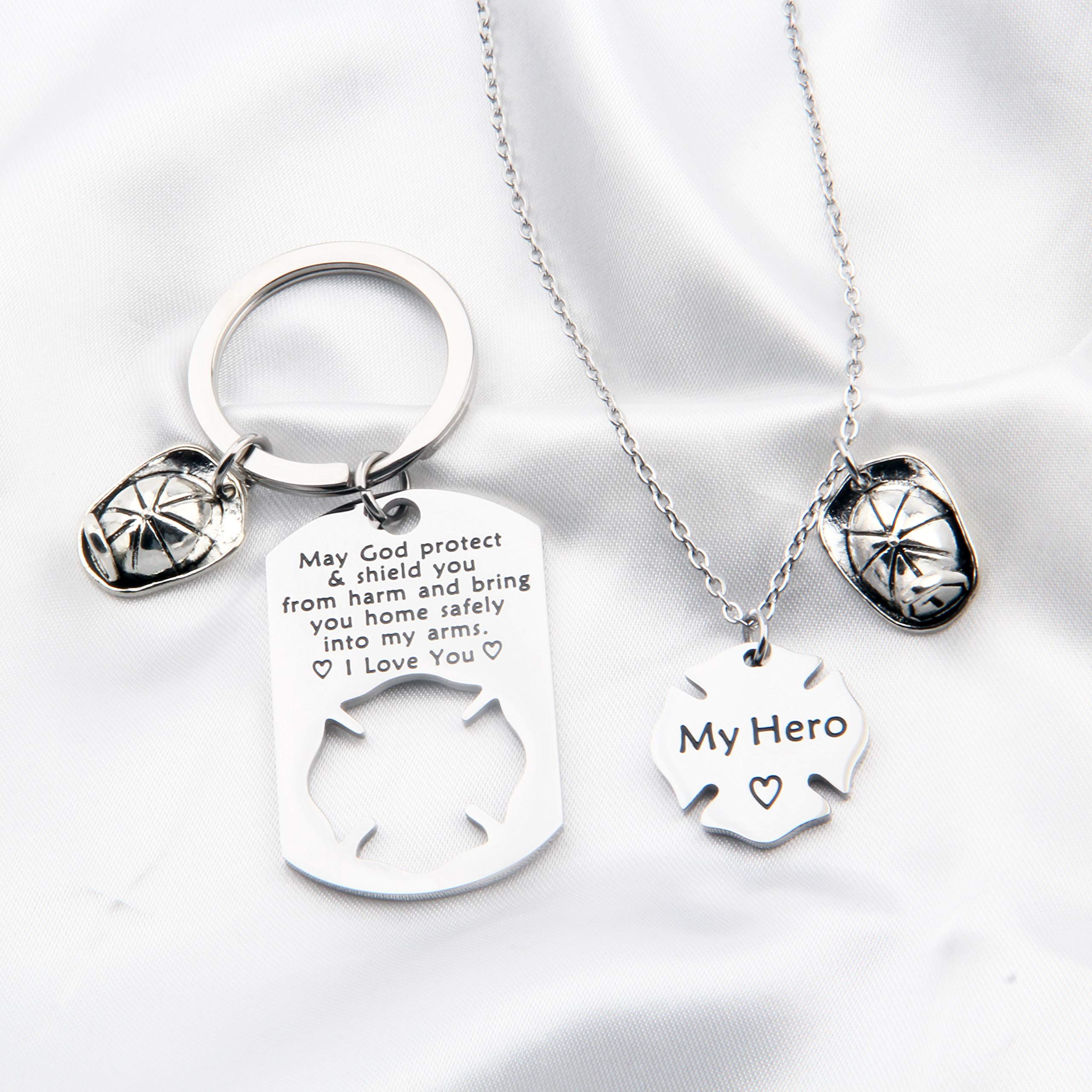 FUSTMW Firefighter Gift Keychain Necklace Matching Set Fireman Jewelry Gift for Firefighter Wife, Girlfriend, Mom, Daughter May God Protect You from Harm (silver)