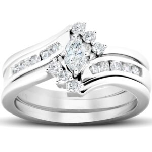 1/2 ct marquise diamond engagement trio wedding ring set 10k white gold - size 7.5