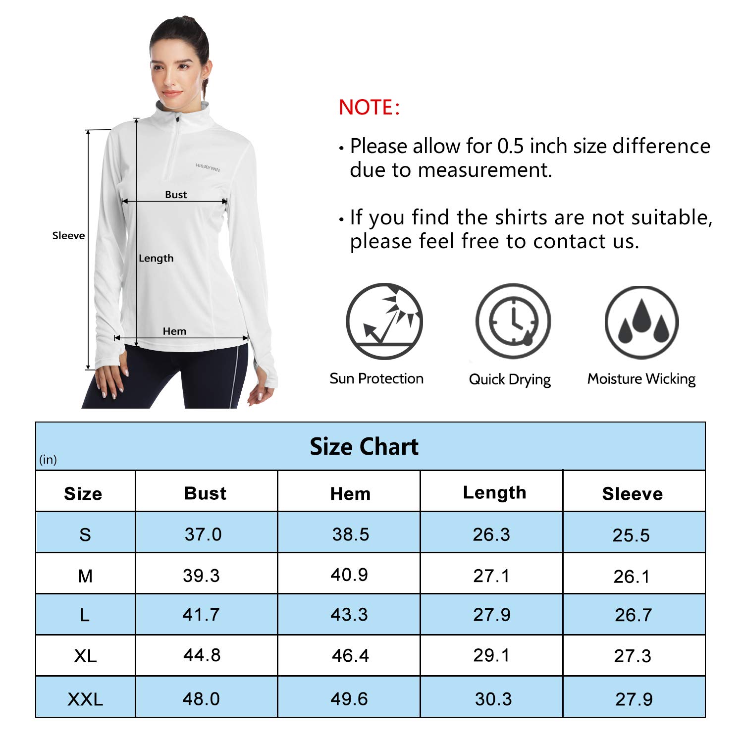 HISKYWIN Womens UPF 50+ Sun Protection Tops Long Sleeve Half-Zip Thumb Hole Outdoor Performance Workout Shirt HF806 White M