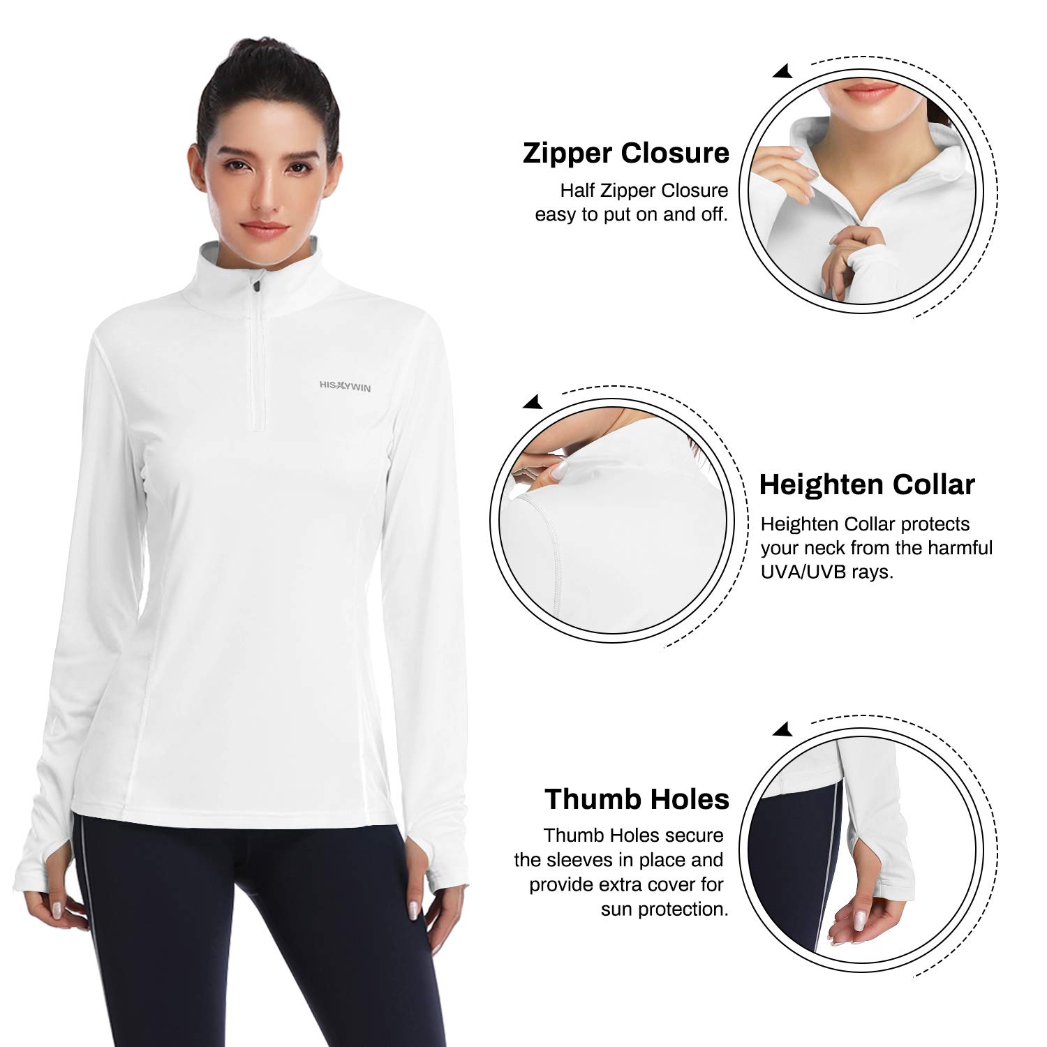 HISKYWIN Womens UPF 50+ Sun Protection Tops Long Sleeve Half-Zip Thumb Hole Outdoor Performance Workout Shirt HF806 White M