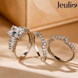 Jeulia 3 PC Wedding Ring Set 5.2ct Radiant Cut Moissanite Engagement Ring for Women 925 Sterling Silver Ring Cubic Zirconia Diamond Eternity Bands Anniversary Promise Ring Bridal Set (6)