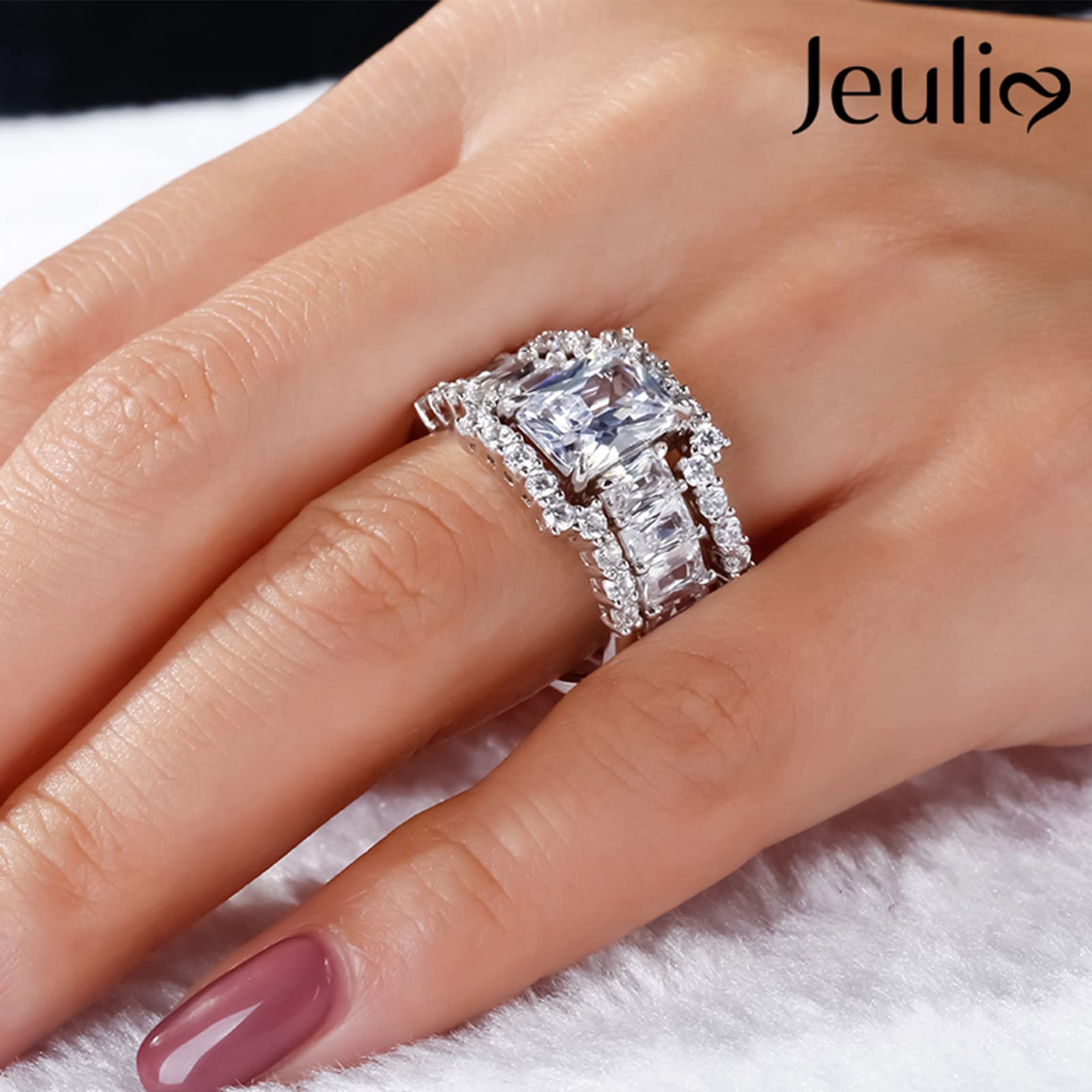 Jeulia 3 PC Wedding Ring Set 5.2ct Radiant Cut Moissanite Engagement Ring for Women 925 Sterling Silver Ring Cubic Zirconia Diamond Eternity Bands Anniversary Promise Ring Bridal Set (6)