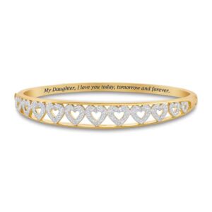 the danbury mint my daughter forever diamond bangle - a dozen genuine diamonds and hearts - 14kt gold-plating - inscribed sentiment - gift for daughter, | #5120-0012