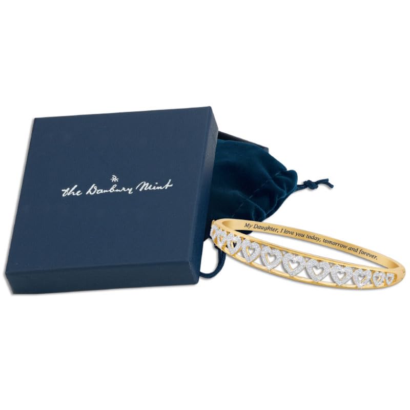 The Danbury Mint My Daughter Forever Diamond Bangle - A Dozen Genuine Diamonds and Hearts - 14kt Gold-Plating - Inscribed Sentiment - Gift for Daughter, | #5120-0012