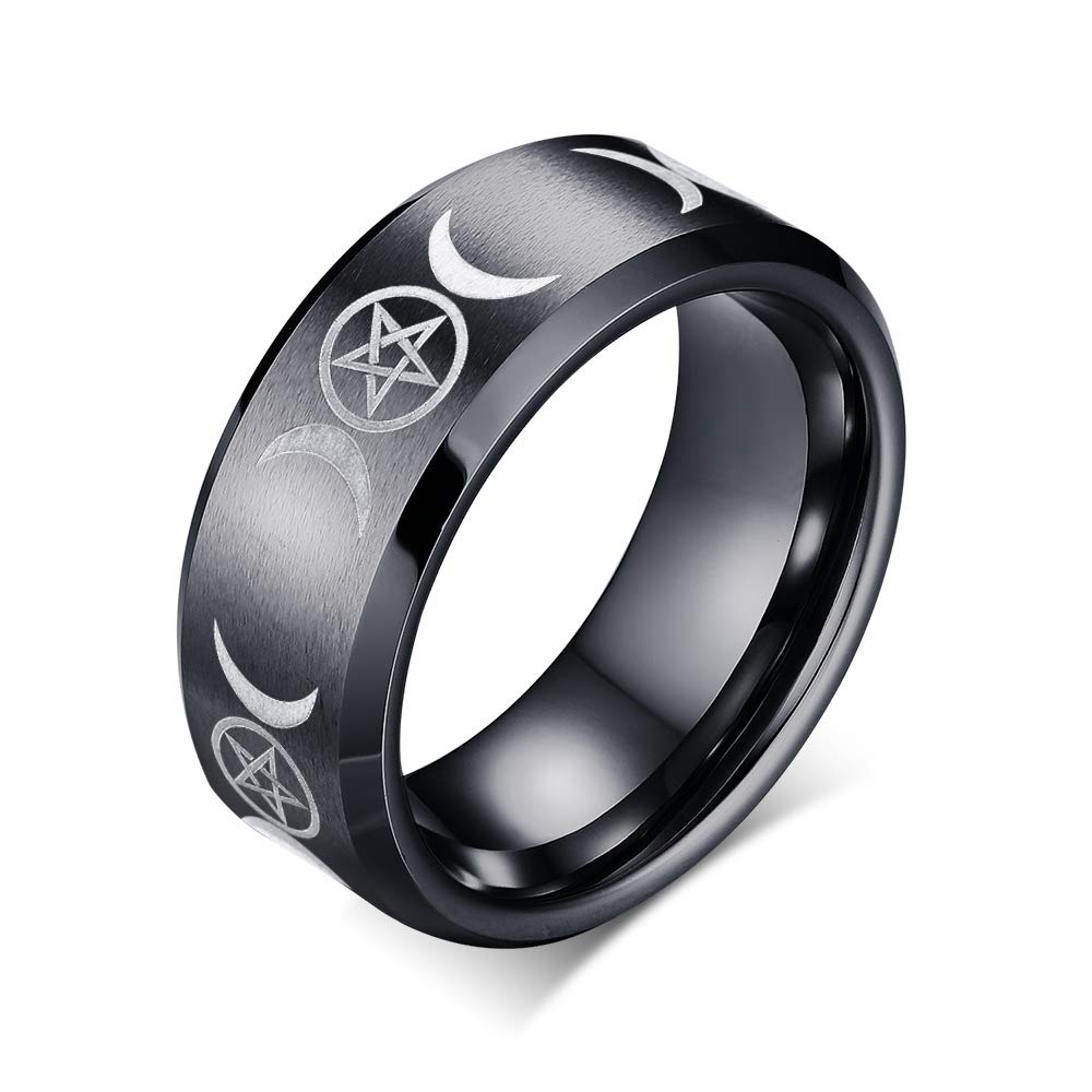 PJ Jewelry 8mm Tungsten Carbide Wicca Pagan Triple Moon Goddess Wedding Bands Engagement Ring for Men Women