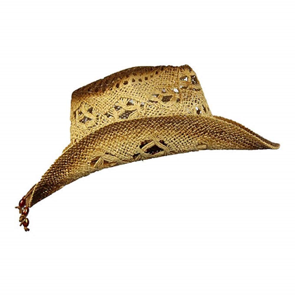 Men's & Women's Western Style Cowboy/Cowgirl Toyo Straw Hat (Tea Stain-Brown/Beads)