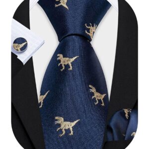 Barry.Wang Men Tie Set Dinasour Navy Gold Silk Necktie Pocket Square Cufflinks Formal Wedding Party Business Festival