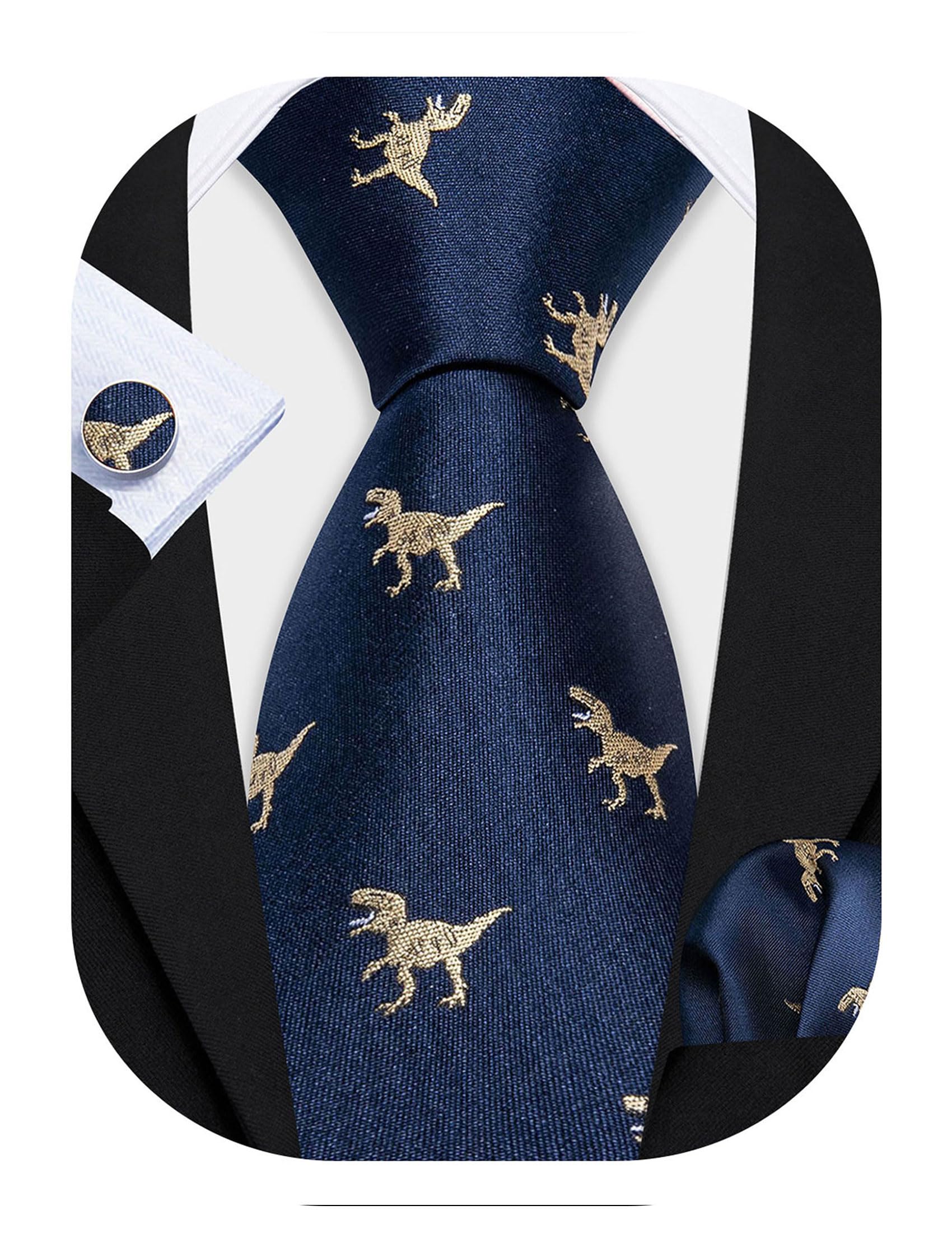 Barry.Wang Men Tie Set Dinasour Navy Gold Silk Necktie Pocket Square Cufflinks Formal Wedding Party Business Festival